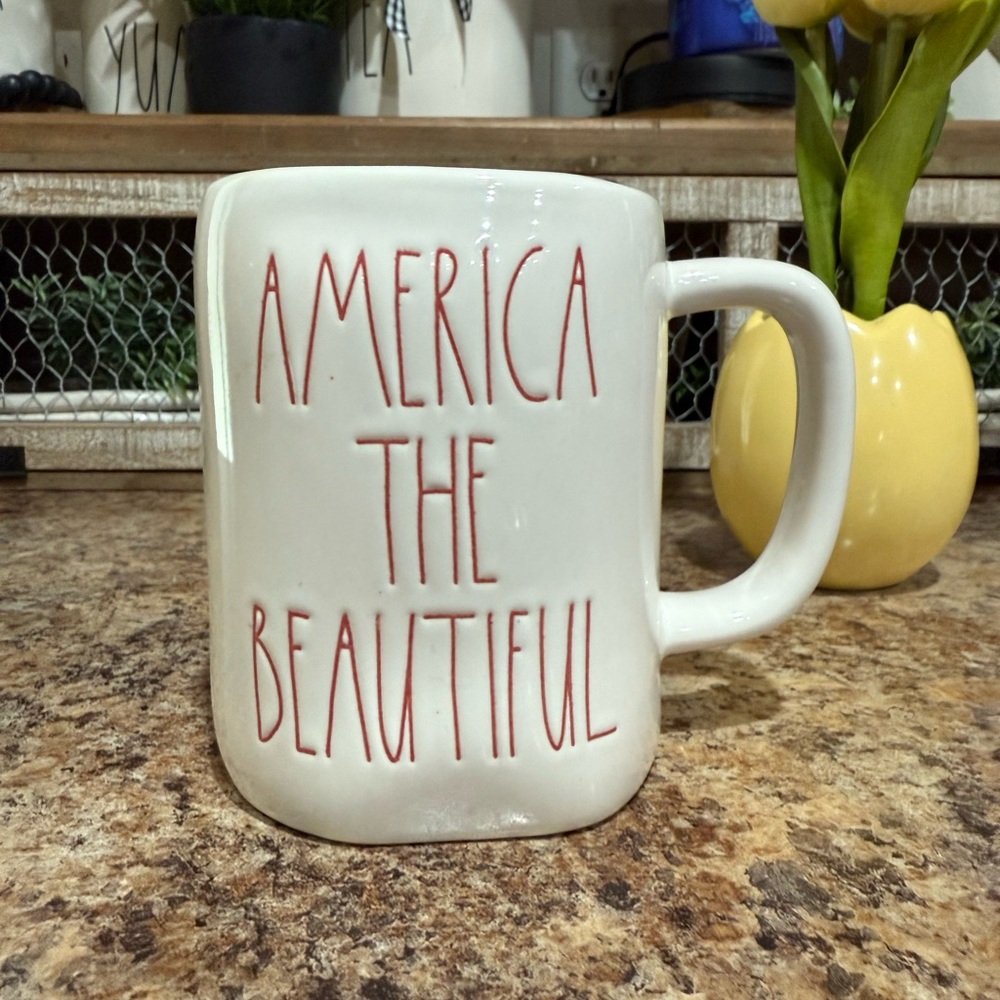 Rae Dunn Cream Mug with Red Text - America The Beautiful